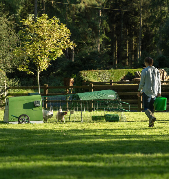 Kvinna går mot Eglu Go coop på bakgården